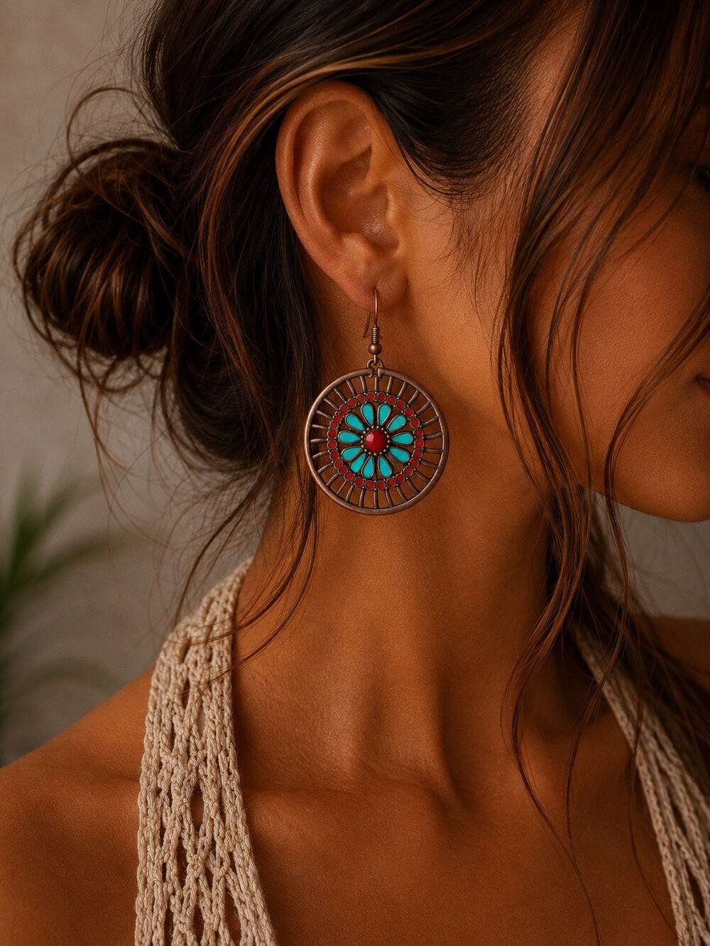 BOGO free Turquoise Red Enamel Mandala Hoop Dangle Earrings Bronze Tone